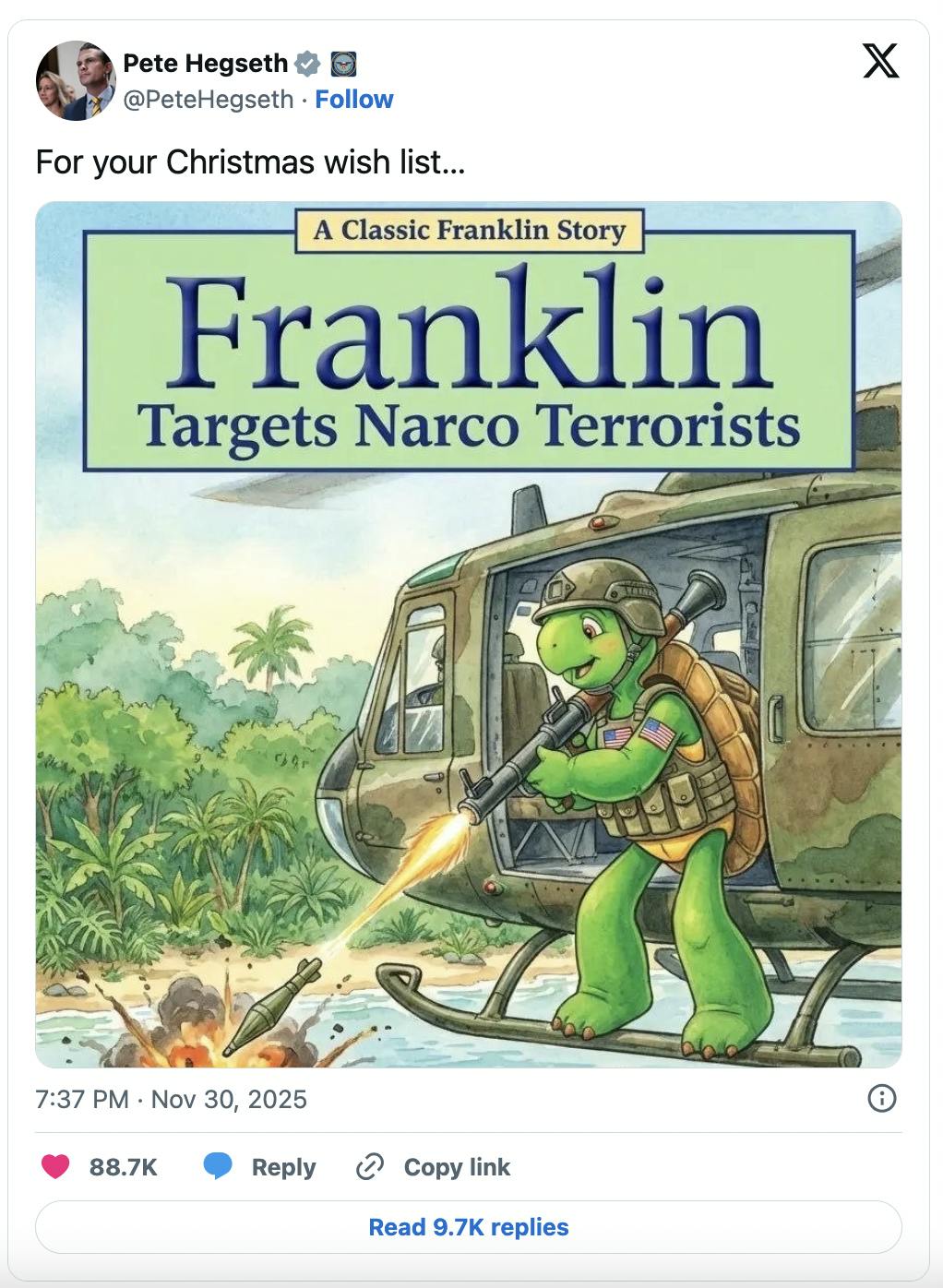 X screenshot Pete Hegseth @PeteHegseth
For your Christmas wish list…