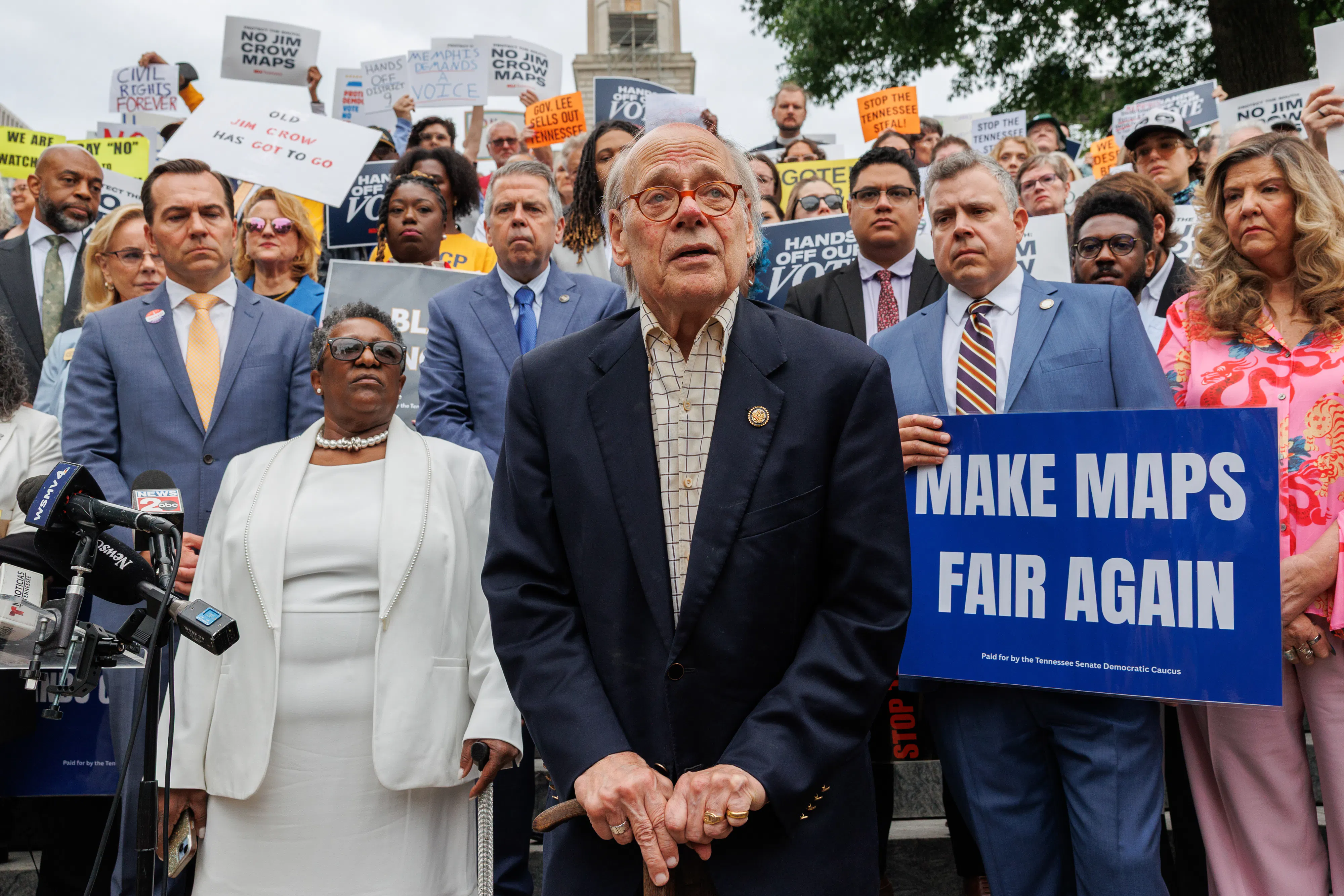 Democratic Representative Steve Cohen joins other Democratic Tennessee lawmakers and advocates, many of them Black. They hold signs like "Make Maps Fair Again" and "Old Jim Crow Has Got to Go."