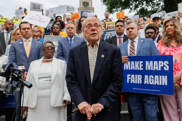 Democratic Representative Steve Cohen joins other Democratic Tennessee lawmakers and advocates, many of them Black. They hold signs like "Make Maps Fair Again" and "Old Jim Crow Has Got to Go."