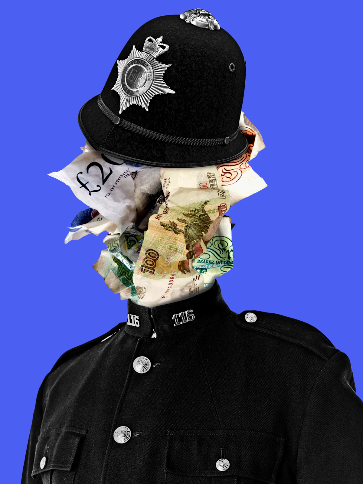A conceptual photo illustration of a traditional British bobby's police uniform with the face replaced by British currency.