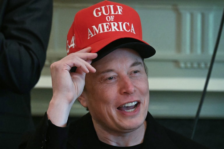 Elon Musk touches the bill of one of two hats he is wearing during Donald Trump's Cabinet meeting