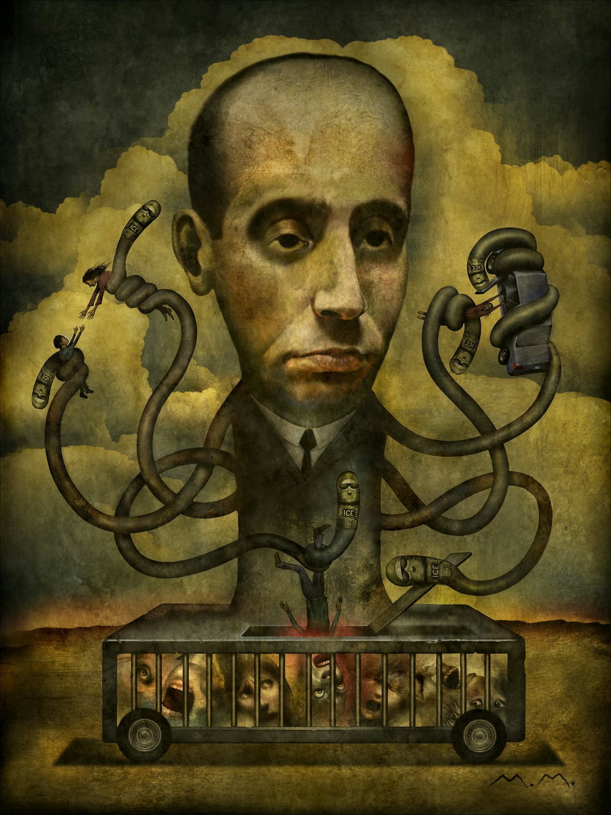 Stephen Miller is shown as a remorseless creature separating families and callously imprisoning immigrants in inhumane prisons