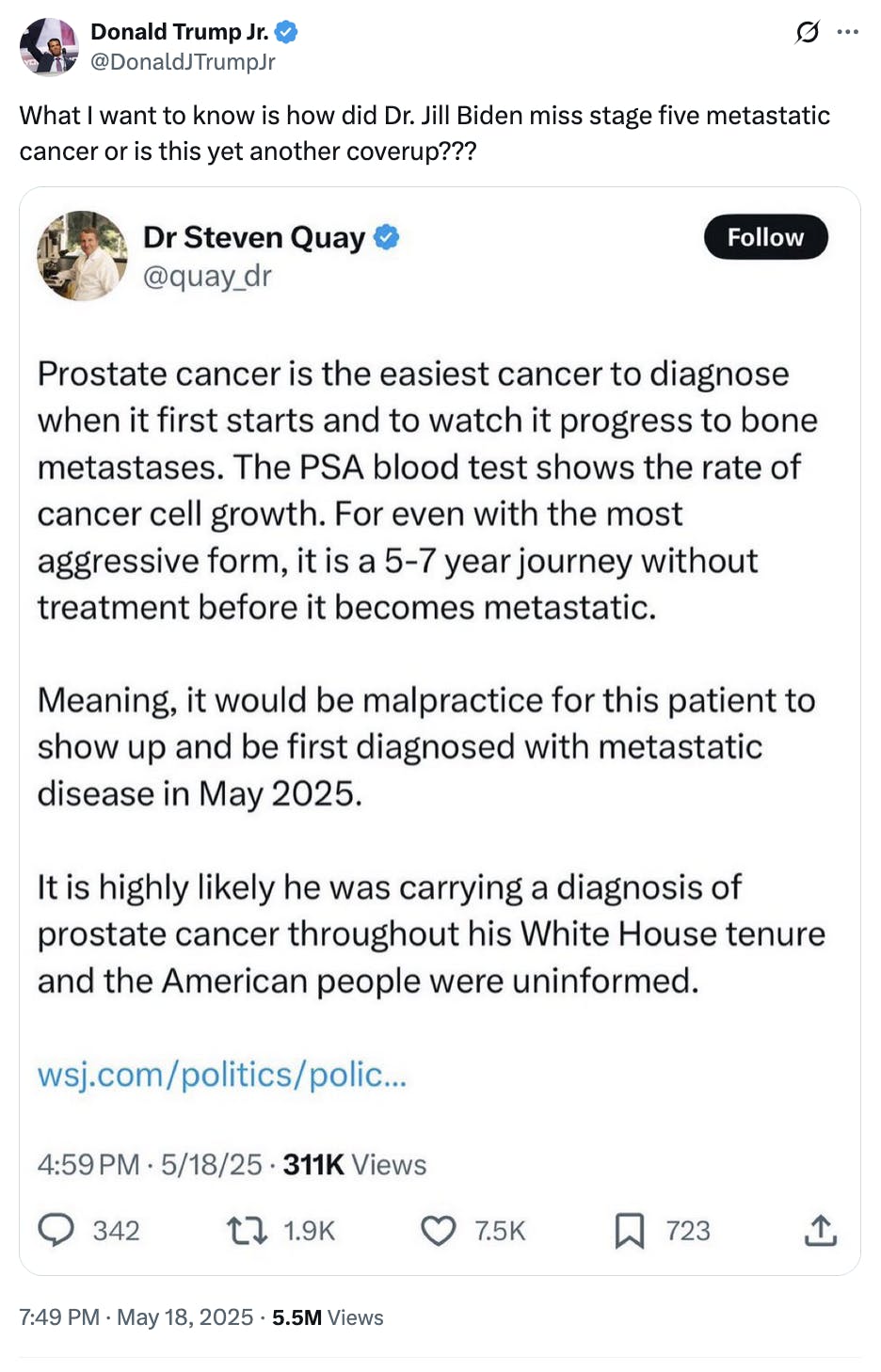 X screenshot Donald Trump Jr. @DonaldJTrumpJr: What I want to know is how did Dr. Jill Biden miss stage five metastatic cancer or is this yet another coverup???