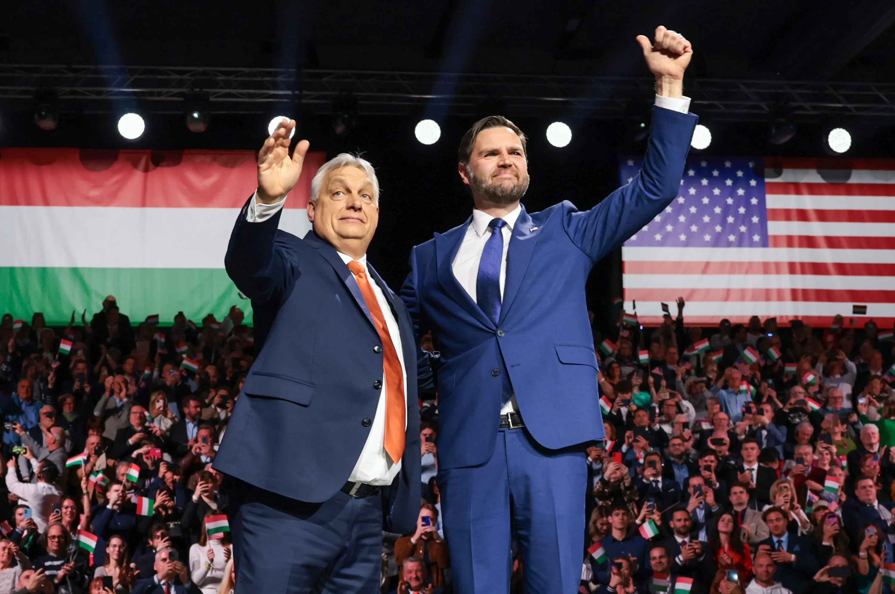 JD Vance and Viktor Orban on a rally stage in Budapest