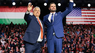 JD Vance and Viktor Orban on a rally stage in Budapest