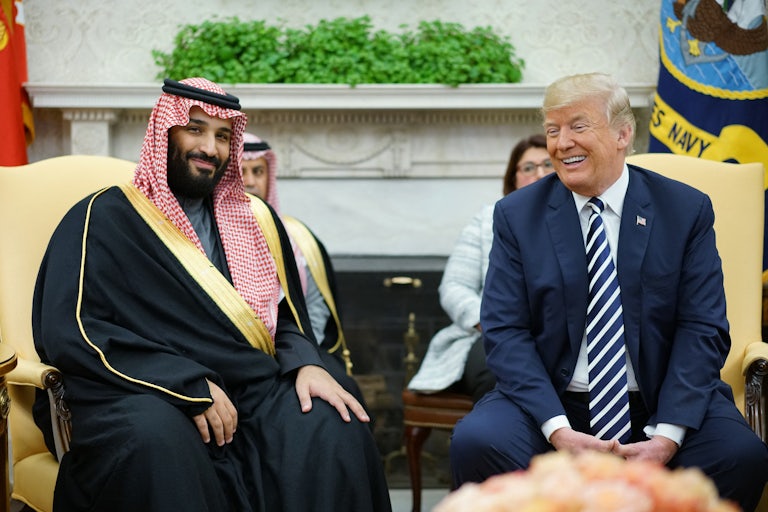 Donald Trump and Saudi Crown Prince Mohammed bin Salman laugh in the Oval Office during Trump’s first term