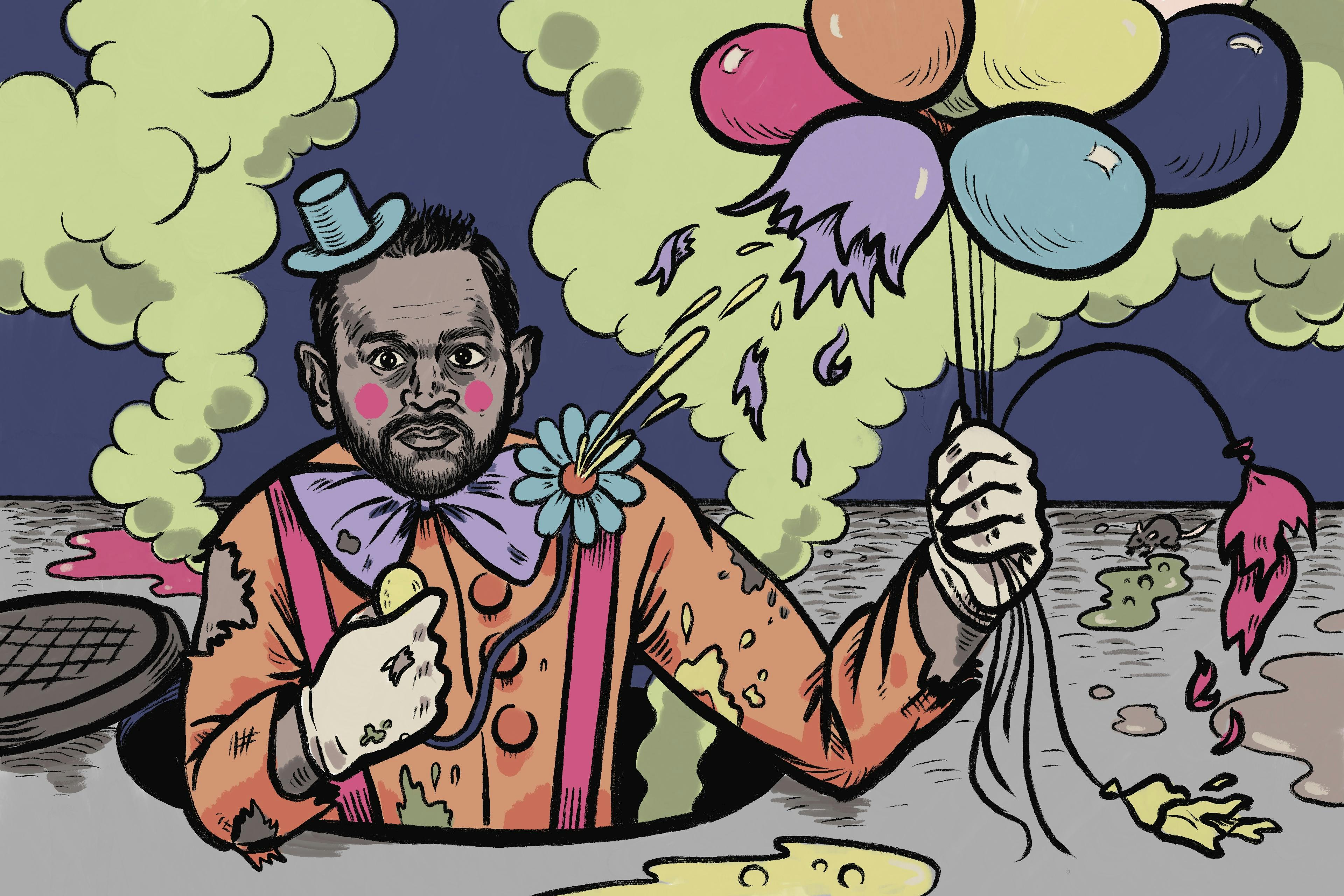 Illustration of Kash Patel depicted as a creepy clown