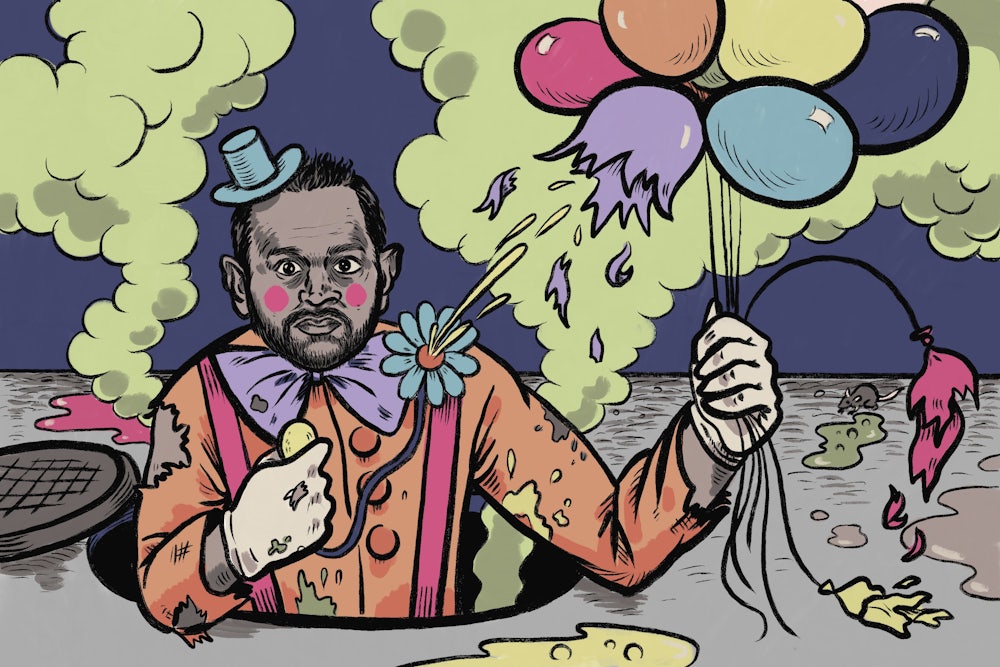 Illustration of Kash Patel depicted as a creepy clown