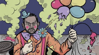 Illustration of Kash Patel depicted as a creepy clown