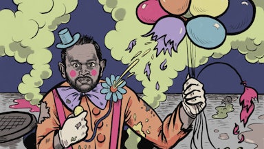 Illustration of Kash Patel depicted as a creepy clown