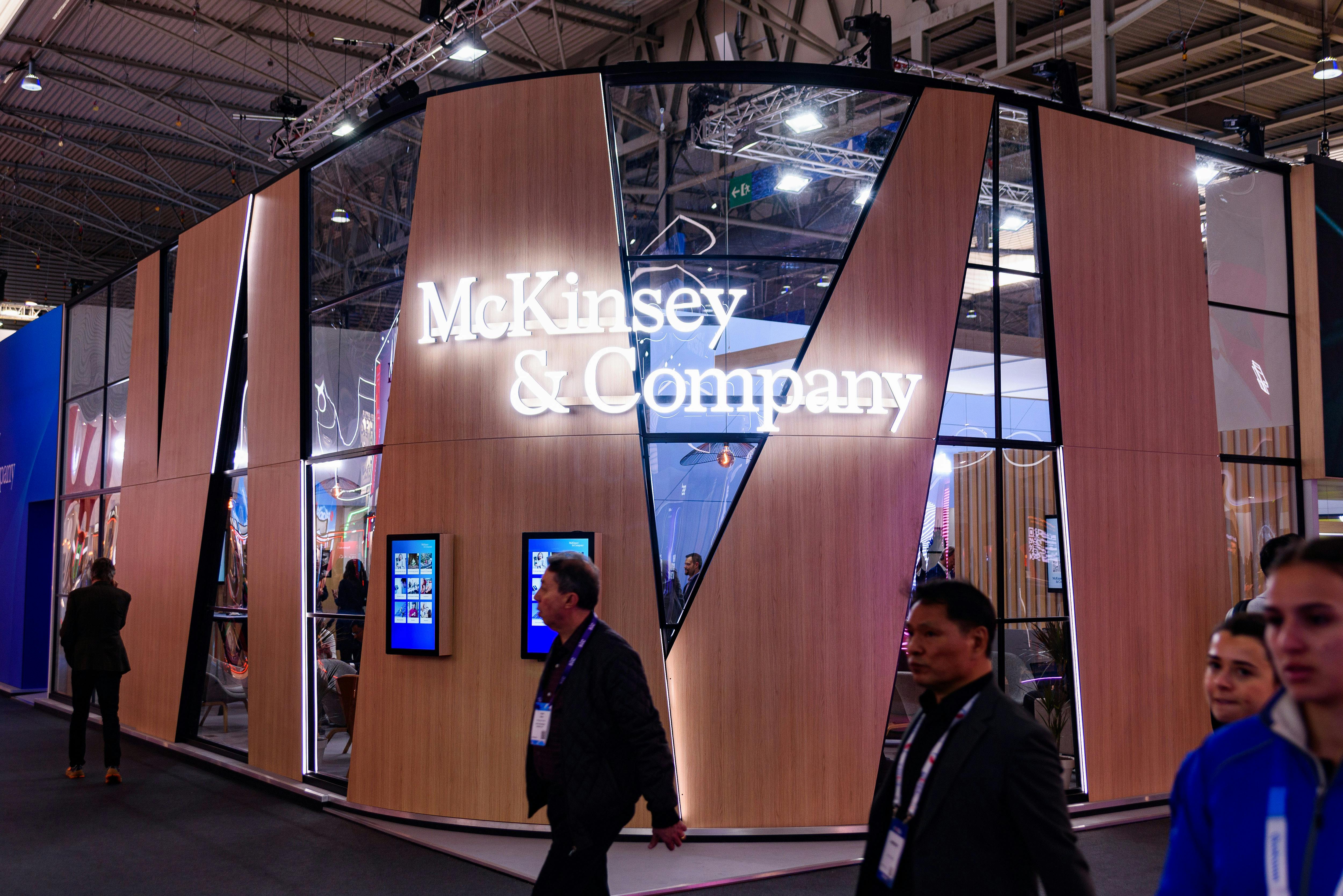 BARCELONA, SPAIN - 2023/02/27: The McKinsey & Company logo is seen during the first day of Mobile World Congress 2023 at the Fira de Barcelona in Spain.