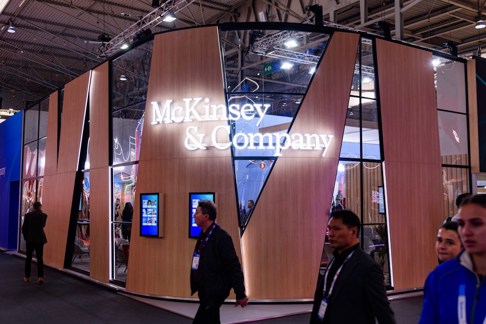 BARCELONA, SPAIN - 2023/02/27: The McKinsey & Company logo is seen during the first day of Mobile World Congress 2023 at the Fira de Barcelona in Spain.