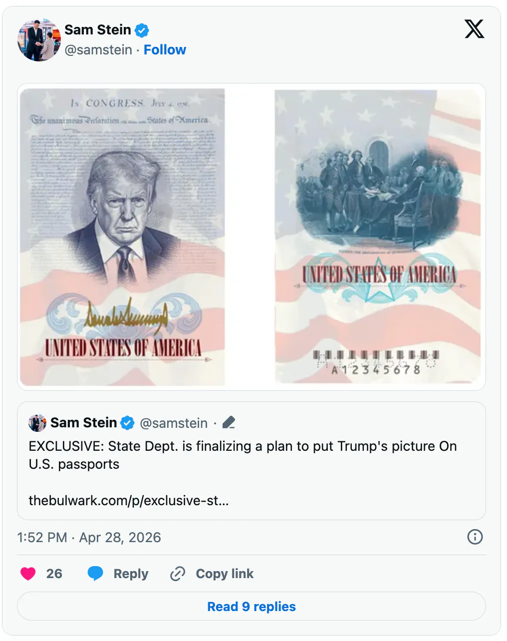 X screenshot Sam Stein @samstein (mock-up of inside passport pages, one of which is a photo of Donald Trump and his signature in gold)
