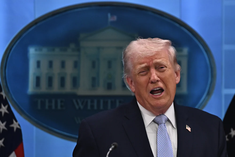 Donald Trump speaks vehemently with open mouth at press briefing