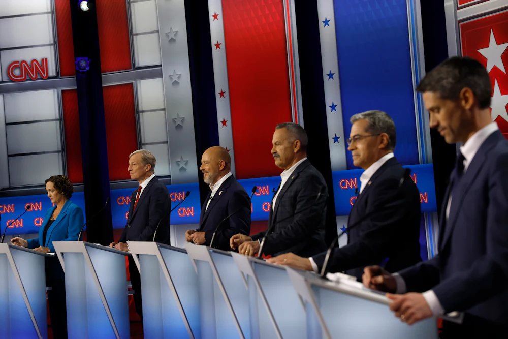 California gubernatorial candidates Katie Porter, Tom Steyer, Steve Hilton, Chad Bianco, Xavier Becerra, and Matt Mahan look on during a CNN California Governor Primary Debate at East Los Angeles College on May 05, 2026 in Monterey Park, California.
