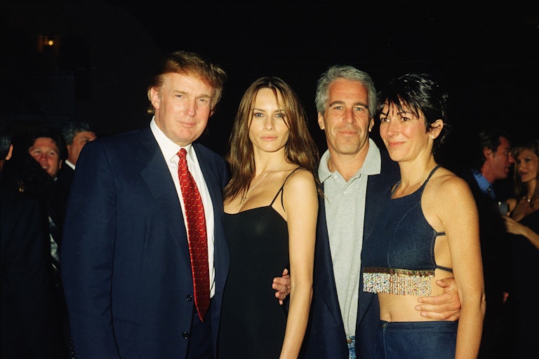 Donald Trump, Melania Trump, Jeffrey Epstein, and Ghislaine Maxwell pose together at Mar-a-Lago.