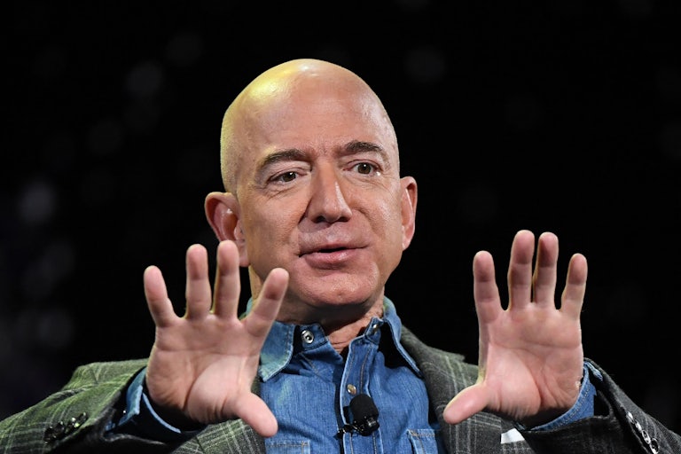 Jeff Bezos speaks while making hand gestures