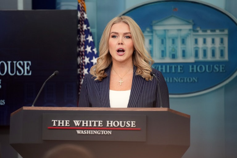 White House Press Secretary Karoline Leavitt speaks to reporters during her press briefing
