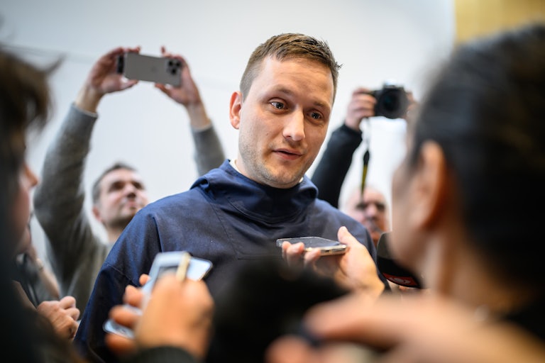 Incoming Greenland Prime Minister Jens-Frederik Nielsen speaks to reporters