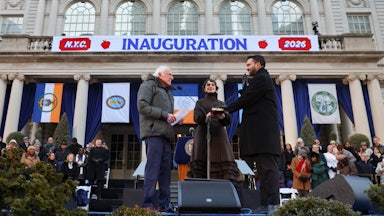 New York City Mayor Zohran Mamdani stands next to his wife Rama Duwaji as Vermont Senator Bernie Sanders swears him in