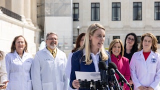 Erin Hawley speaks to the media as she departs the Supreme Court.