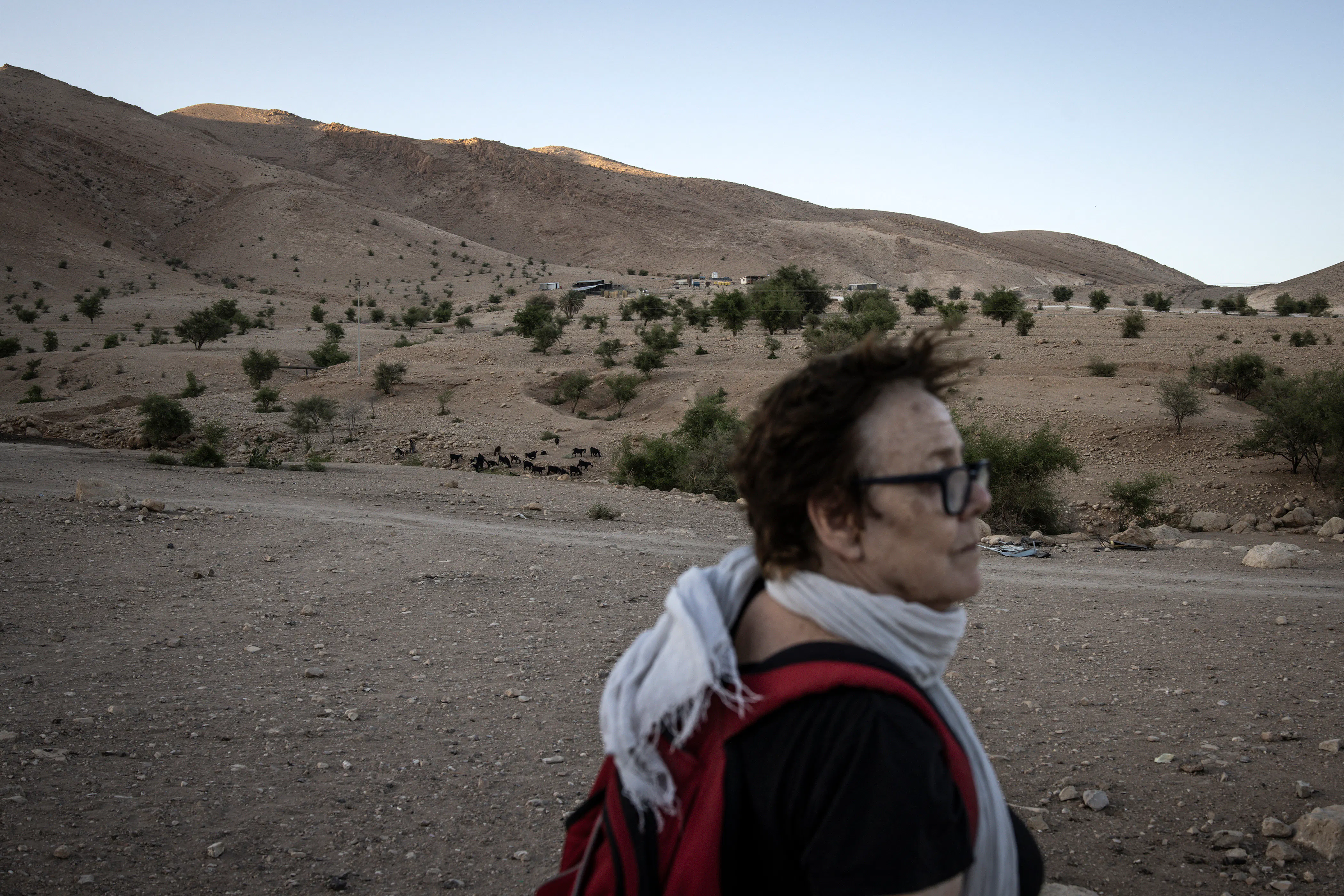An Israeli activist stands watch for approaching settler herders near bedouin homes in Ras Ein al-Auja in the Israeli-occupied West Bank