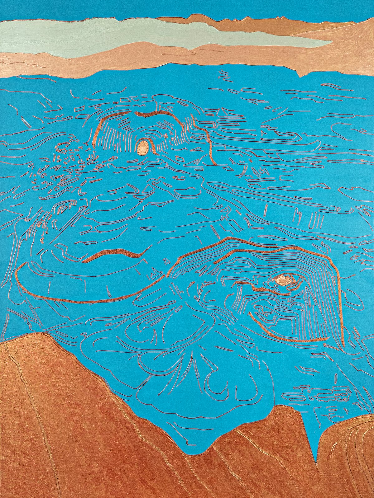 An artwork by an Indigenous Chilean artist that reflects the themes of identity and the land which the review also contains.