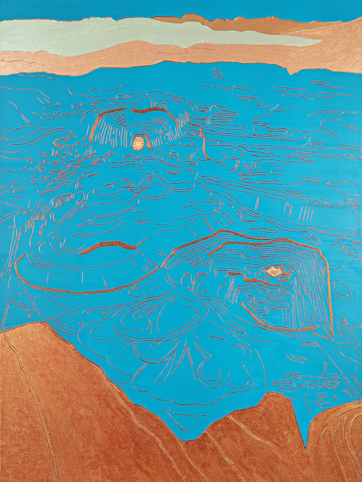 An artwork by an Indigenous Chilean artist that reflects the themes of identity and the land which the review also contains.