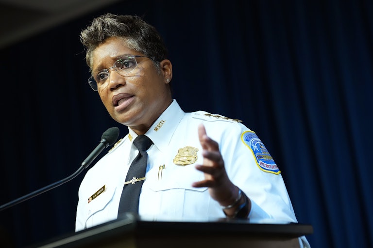 Chief of Police Pamela Smith speaks at a press conference after President Donald Trump announced a federal takeover of the Metropolitan Police Department.