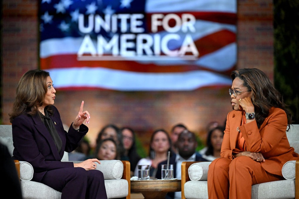 Harris and Oprah Winfrey in conversation in Farmington Hills, Michigan