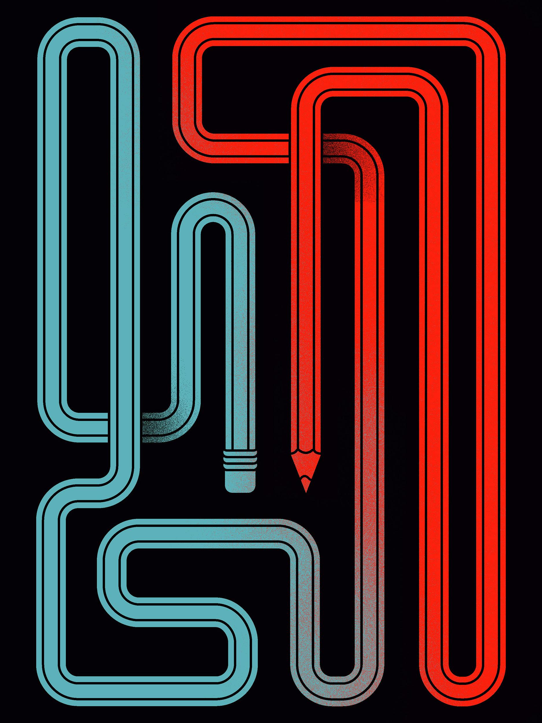 Illustration of a blue (liberal) pencil morphing into a red (conservative) pencil