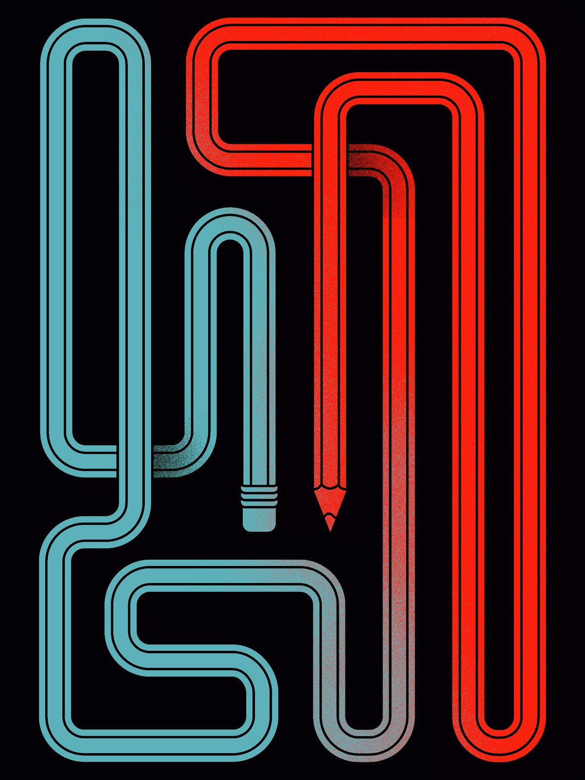 Illustration of a blue (liberal) pencil morphing into a red (conservative) pencil