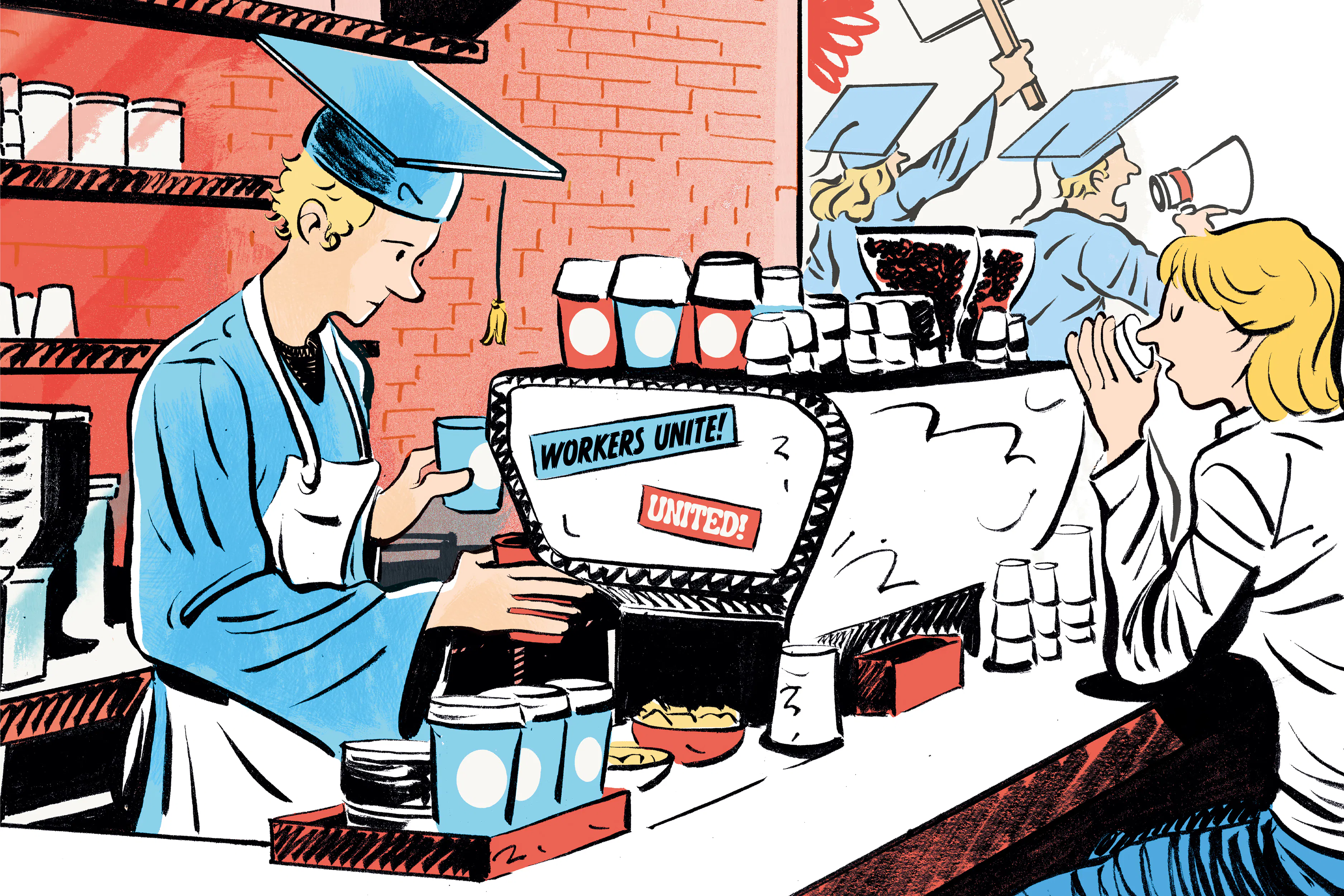 College graduates are needing to settle for jobs at places like coffee shops. Many of them are unionizing for better working conditions and wages. The illustration shows an underemployed recent graduate still in his graduation gown to point out the absurdity of his situation.