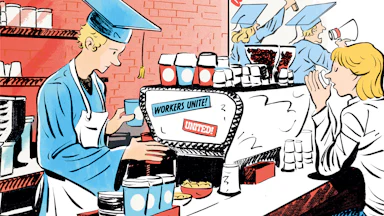 College graduates are needing to settle for jobs at places like coffee shops. Many of them are unionizing for better working conditions and wages. The illustration shows an underemployed recent graduate still in his graduation gown to point out the absurdity of his situation.