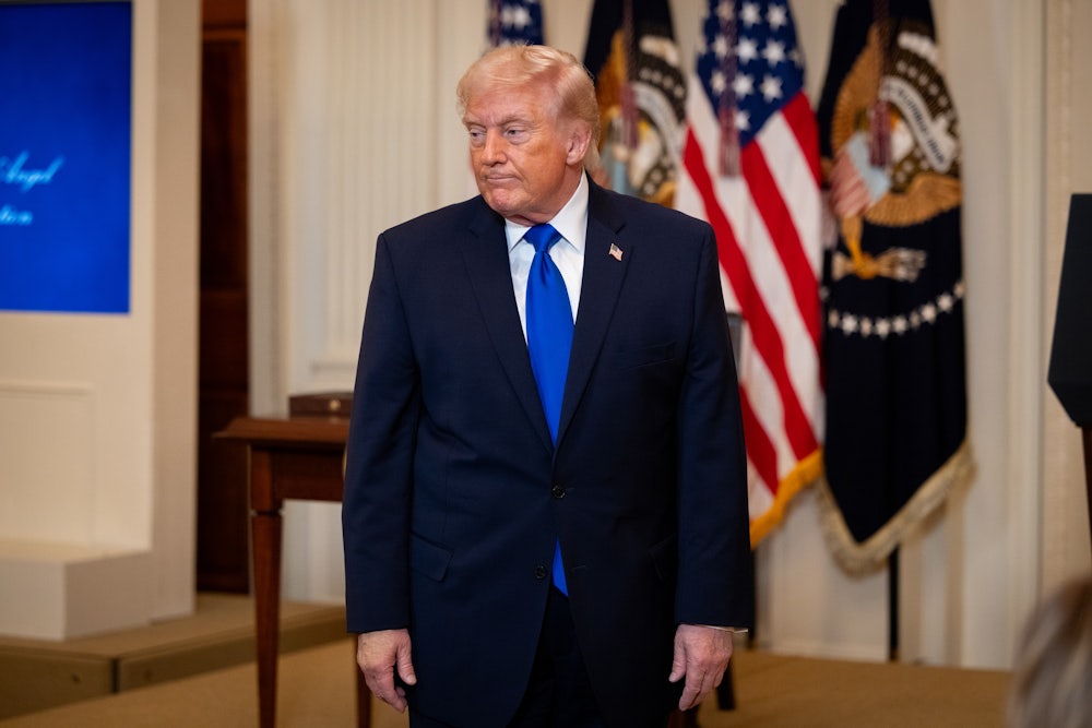 President Donald Trump departs the Angel Families Remembrance Ceremony in the East Room of the White House in Washington, DC on February 23, 2026.