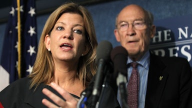 CRFB head Maya MacGuineas and former Sen. Alan Simpson speak at a press conference.