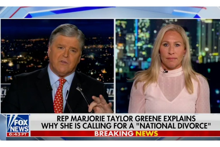 Split screen on Fox News / Sean Hannity on the left, Marjorie Taylor Greene on the right