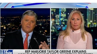 Split screen on Fox News / Sean Hannity on the left, Marjorie Taylor Greene on the right