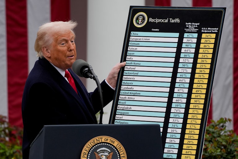 Donald Trump holds up a poster of his tariffs during a press conference in the White House Rose Garden