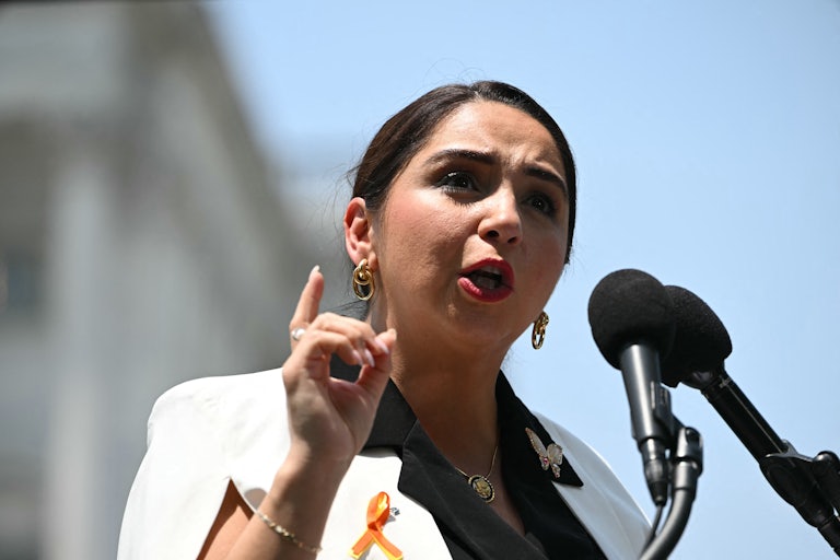 Representative Delia Ramirez speaking outdoors