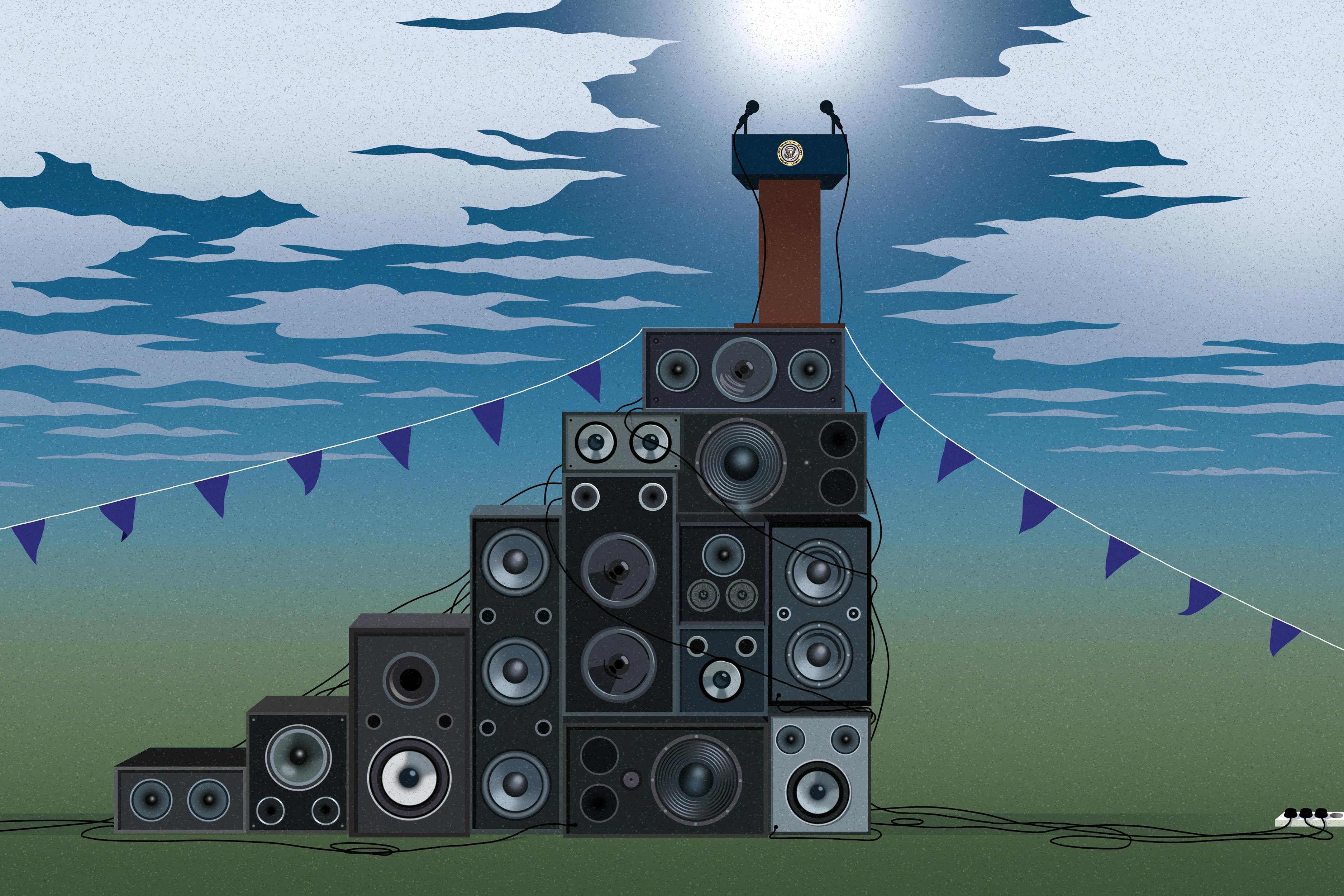 an illustration of a podium on top of a pile of audio speakers 