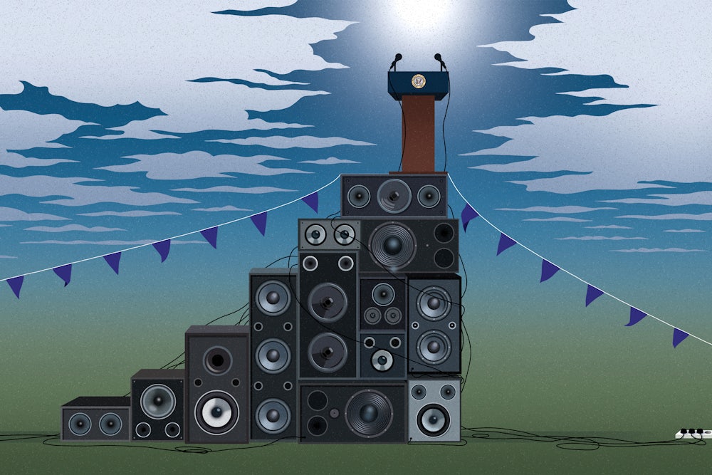 an illustration of a podium on top of a pile of audio speakers