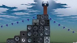 an illustration of a podium on top of a pile of audio speakers