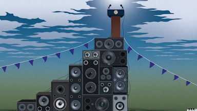 an illustration of a podium on top of a pile of audio speakers