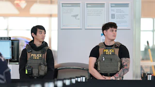 Two ICE agents wearing camoflage flak jackets, stand in an airport terminal.